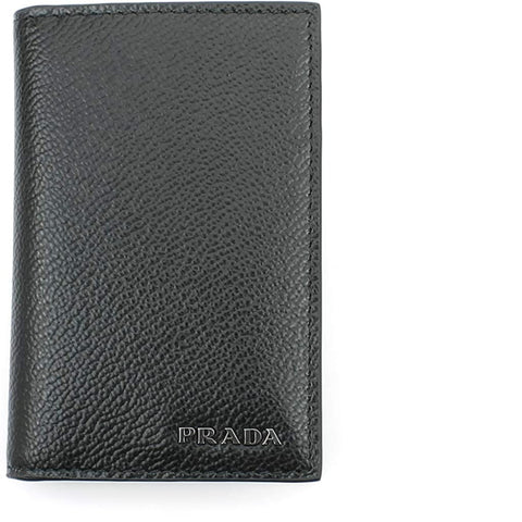 Prada Men's Vitello Micro Grain Black Leather Vertical Bifold Card Holder Silver Logo