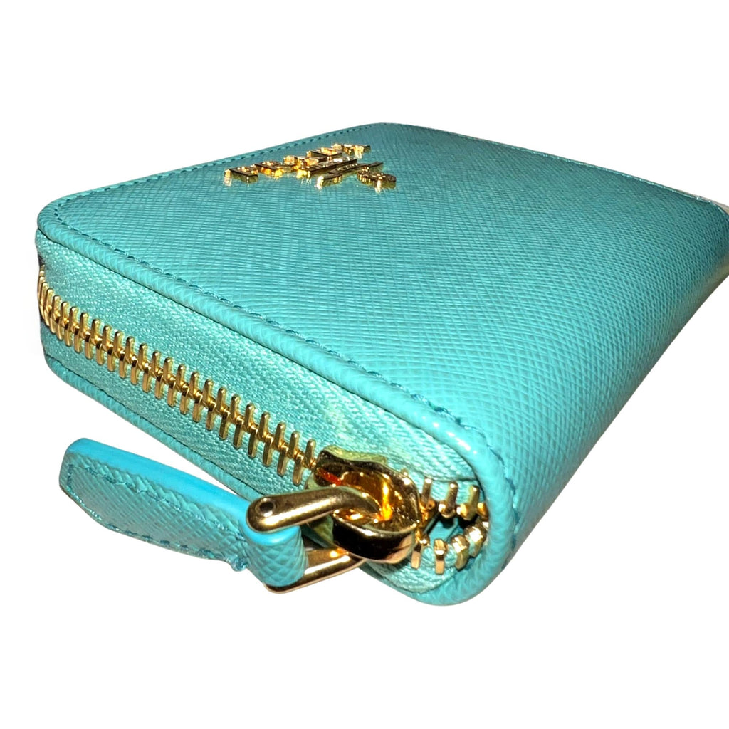 Prada Mini Saffiano Chain Wallet in Blue