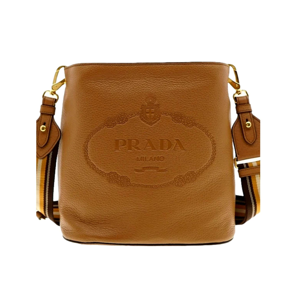 Prada Vitello Phenix Black Leather Stripe Strap Bucket Bag 1BE057 in 2023