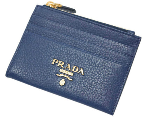 Prada Bluette Saffiano Leather Credit Card Holder with Zipper Gold Prada Logo