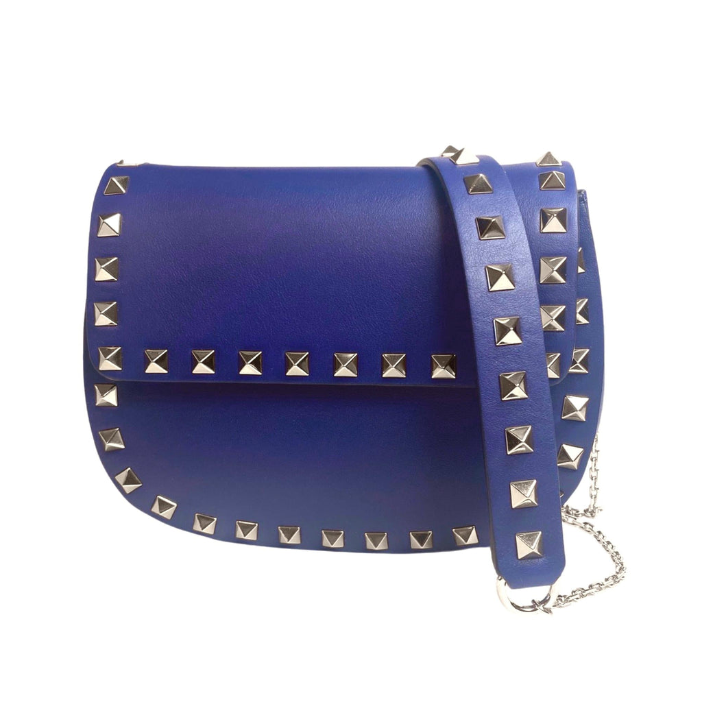 Valentino Garavani Rockstud Blue Calf Leather Small Chain Crossbody Clutch  Bag