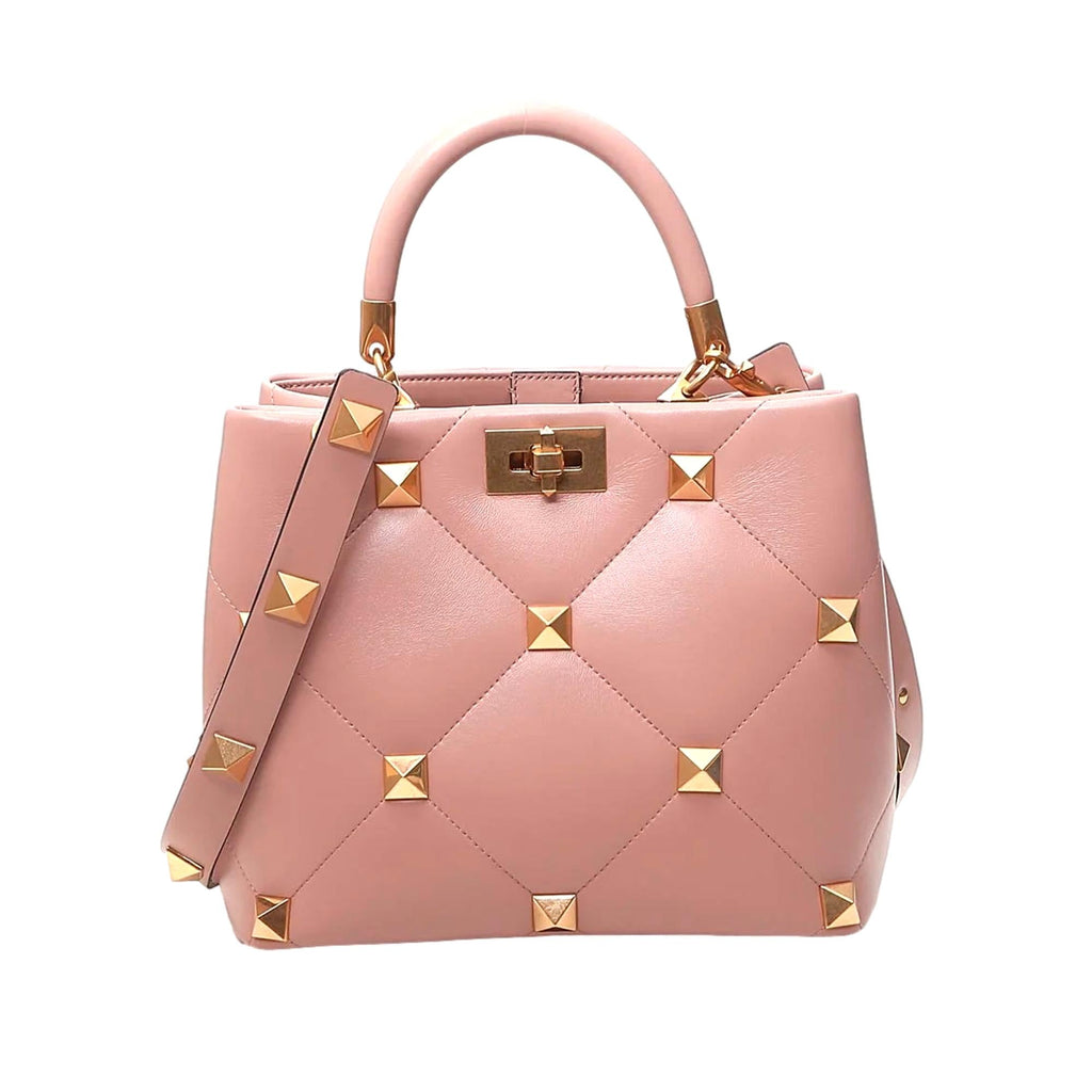 Roman Stud Large Leather Shoulder Bag in Pink - Valentino Garavani