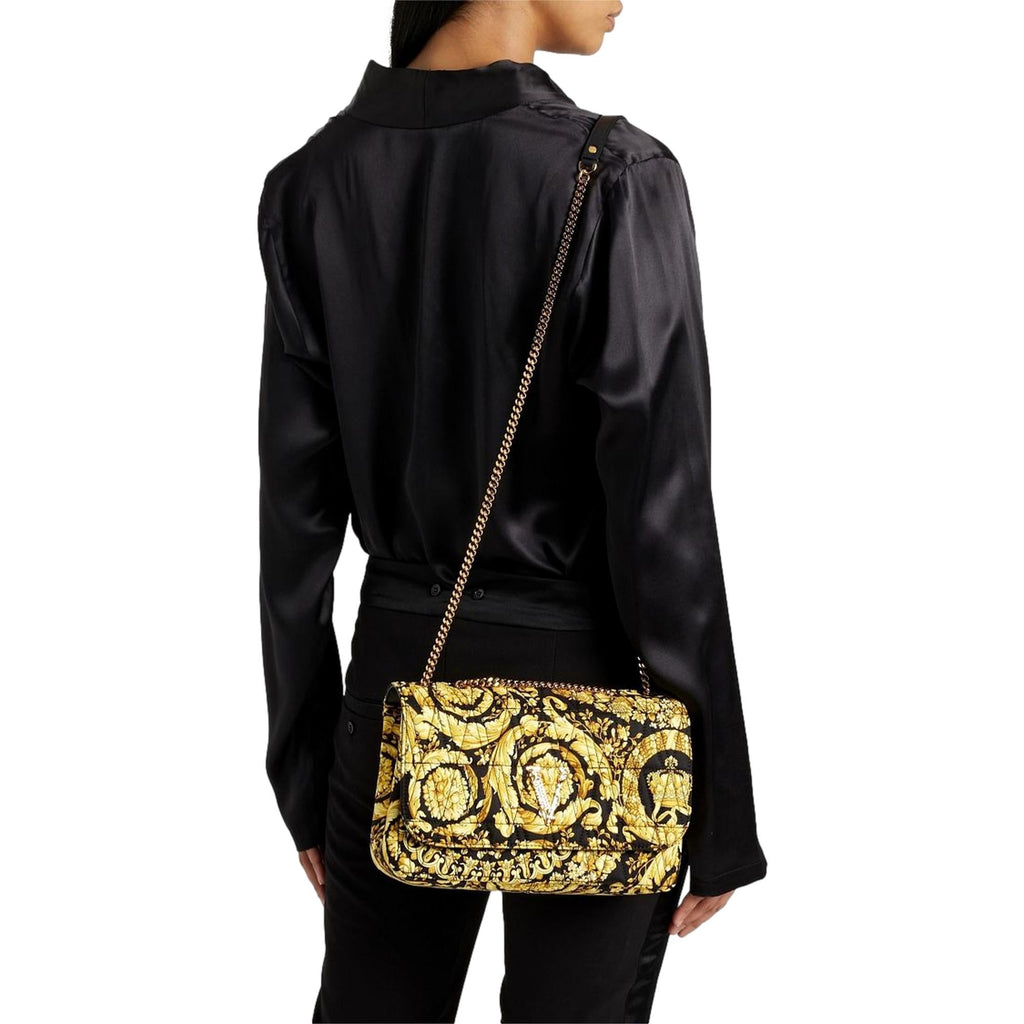 Versace Virtus Barocco Print Quilted Black and Gold Silk Shoulder Bag –  Queen Bee of Beverly Hills