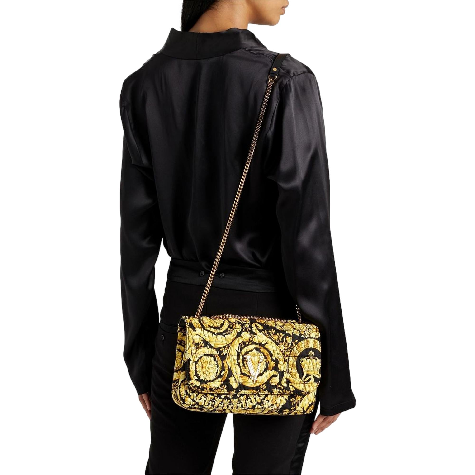 Versace Virtus Barocco Print Quilted Black and Gold Silk Shoulder 