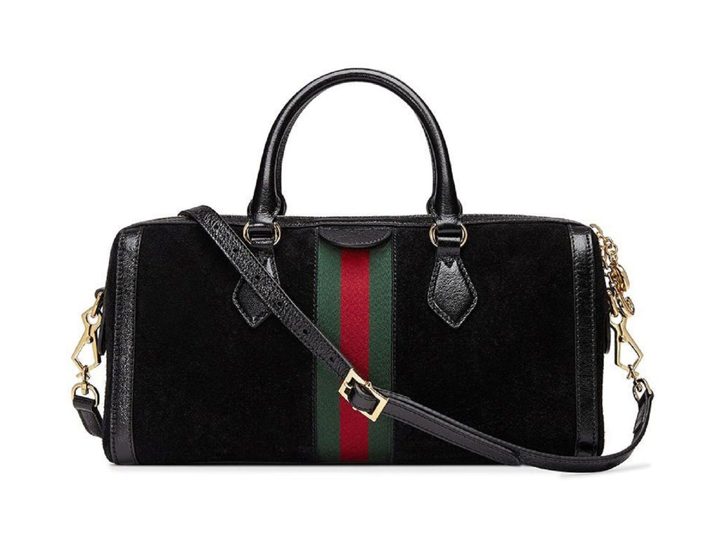 Gucci Ophidia Black Suede Web Stripe Boston Satchel Handbag 524532 – Queen  Bee of Beverly Hills