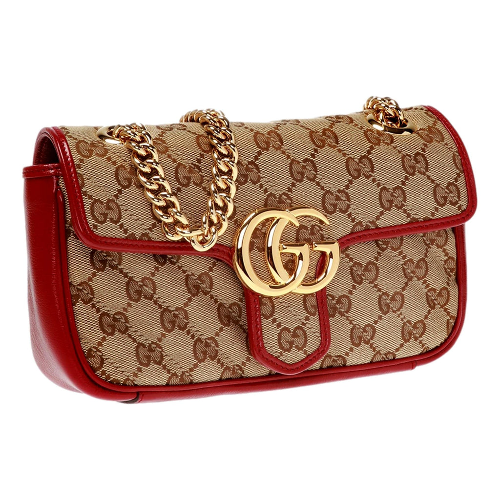 Gucci Marmont Beige Printed Canvas Red Leather Trim Shoulder Bag