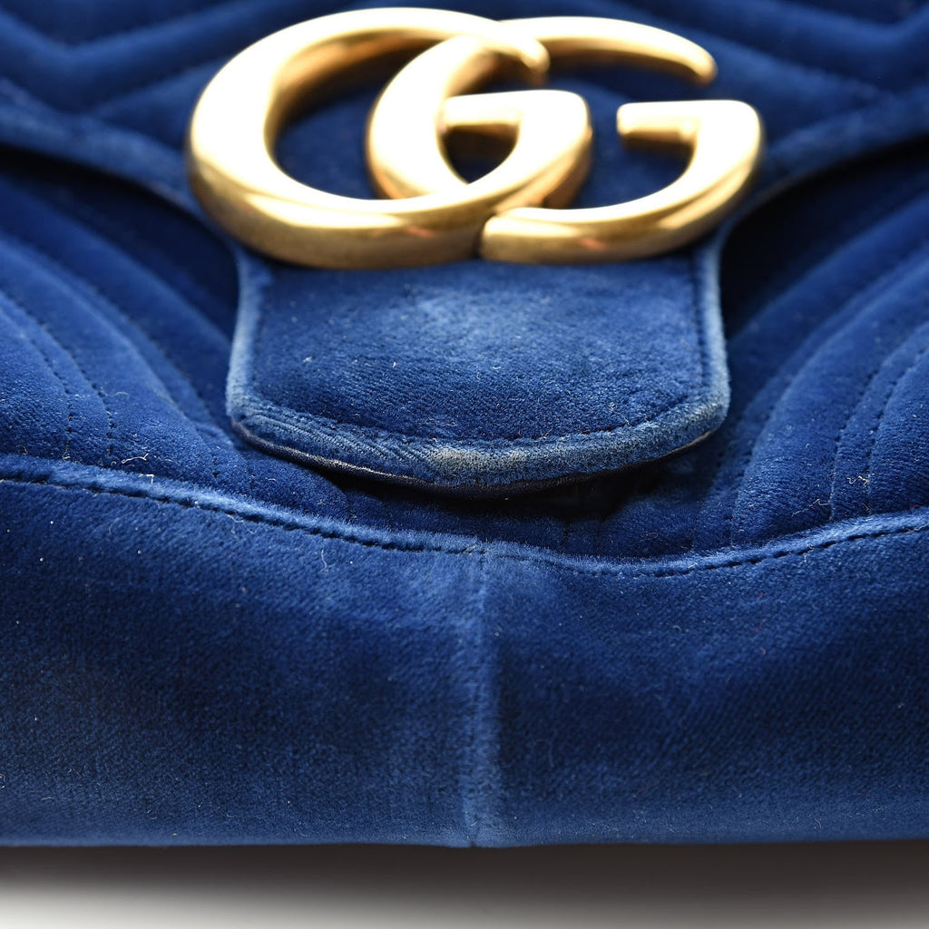 Gucci Blue Matelassé Velvet and Leather Super Mini GG Marmont