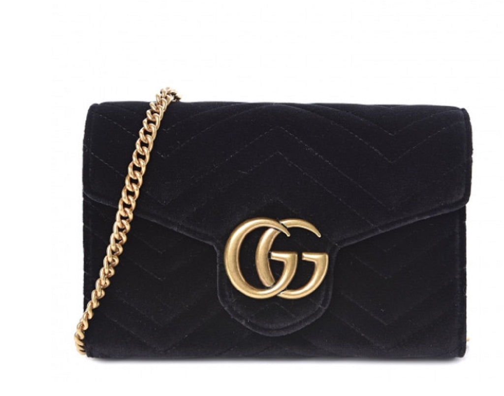 Gucci GG Marmont clutch-belt in Black Quilted Velvet and Black Leather