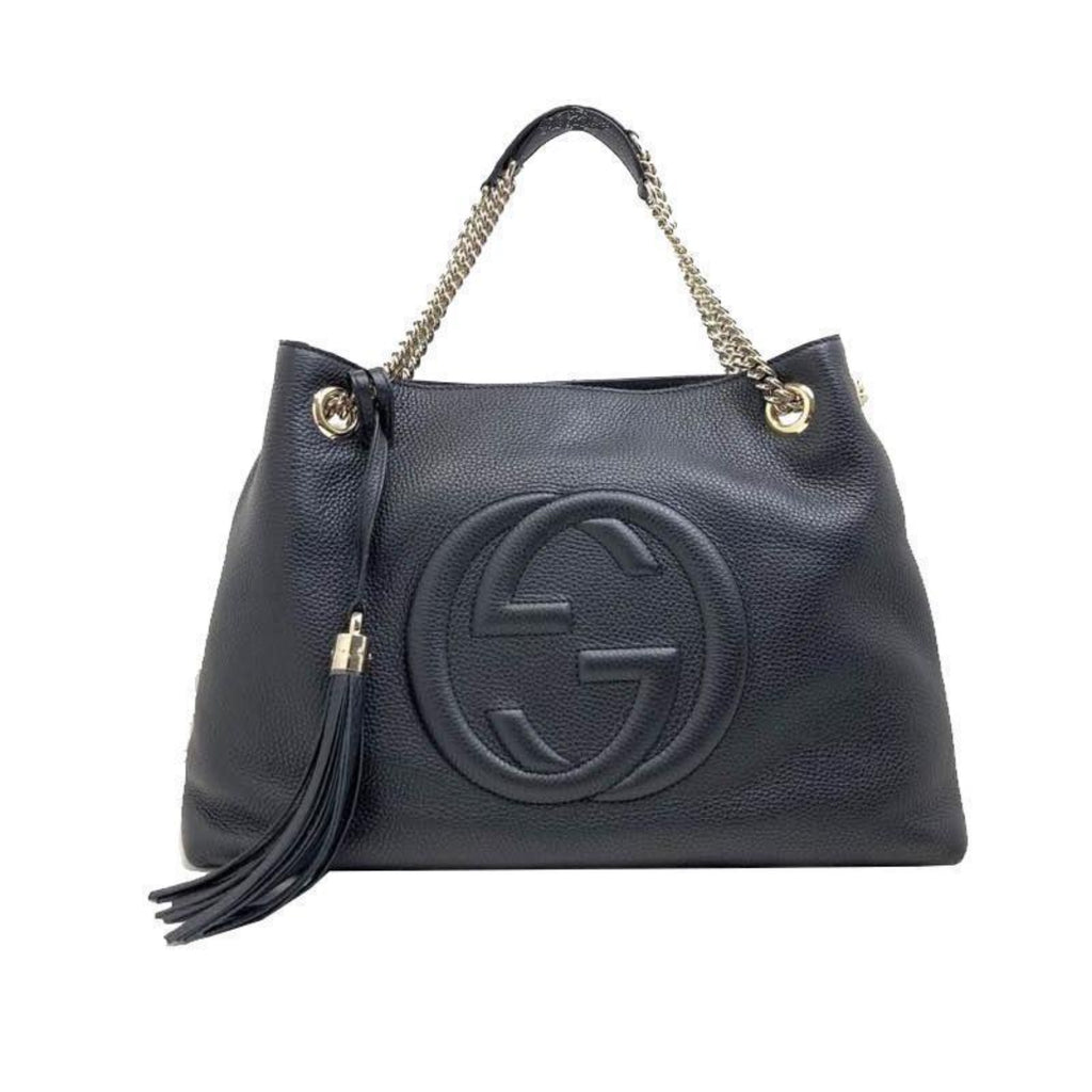 Gucci Soho GG Logo Black Leather Backpack Chain Straps 536192