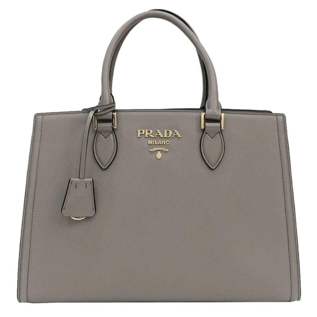 Prada Grey Saffiano Leather Top Handle Crossbody Flap Bag