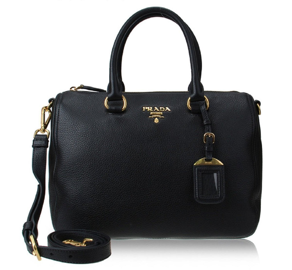 Prada Vitello Phenix Black Leather Top Handle Satchel Handbag