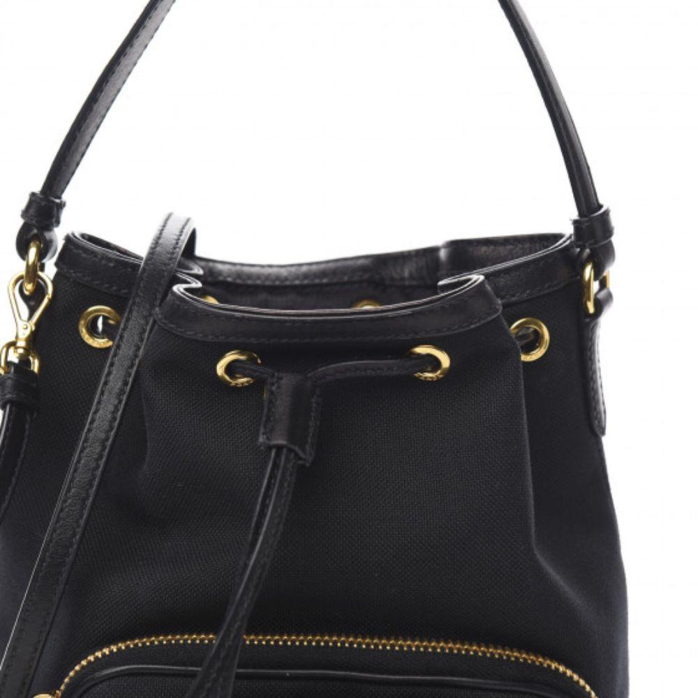 ♡NWT♡ Prada Women's Canvas Logo Bow Convertible Drawstring Bucket Black Bag