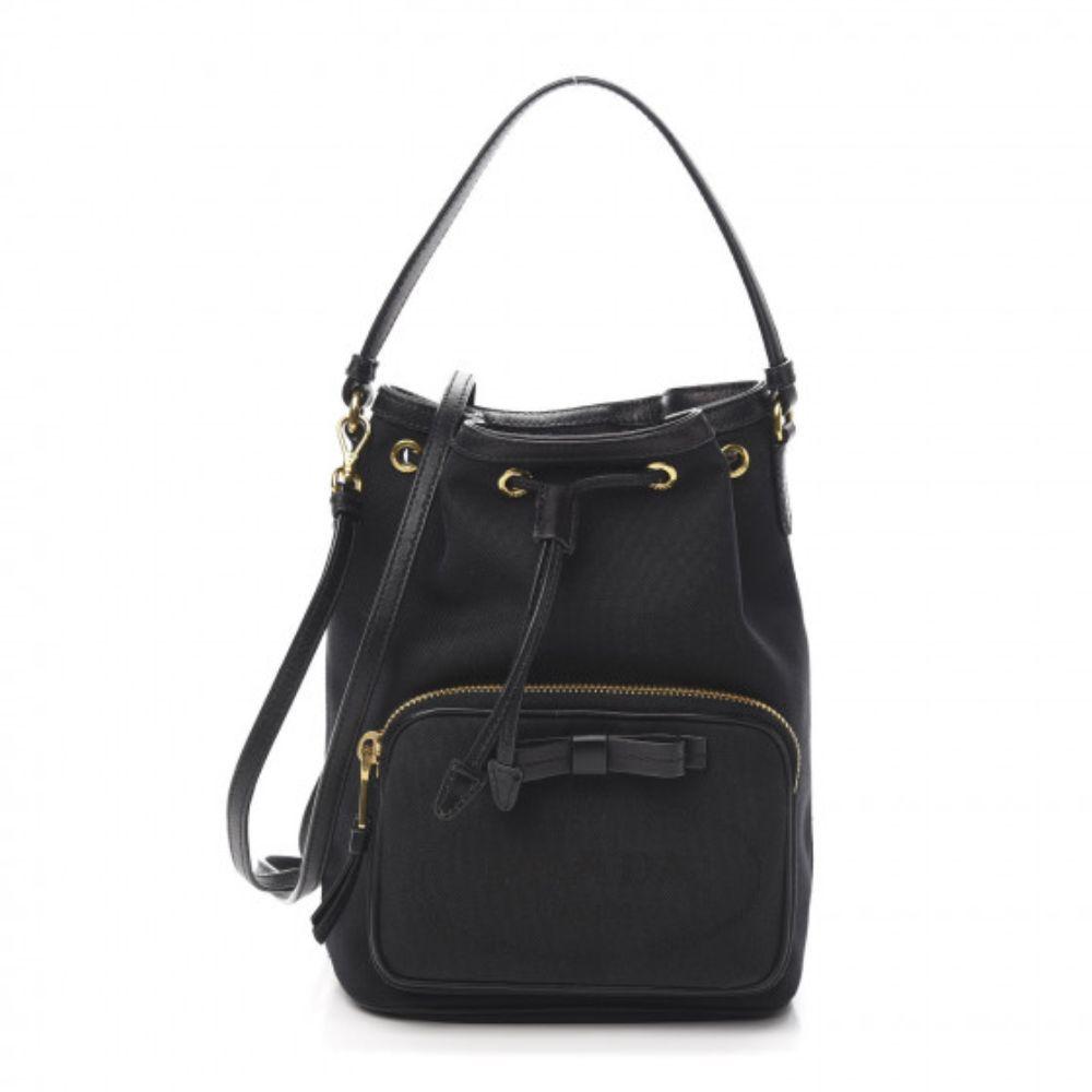 Prada Black Canvas Jacquard Logo Convertible Small Bucket Bag 1BH038 –  Queen Bee of Beverly Hills