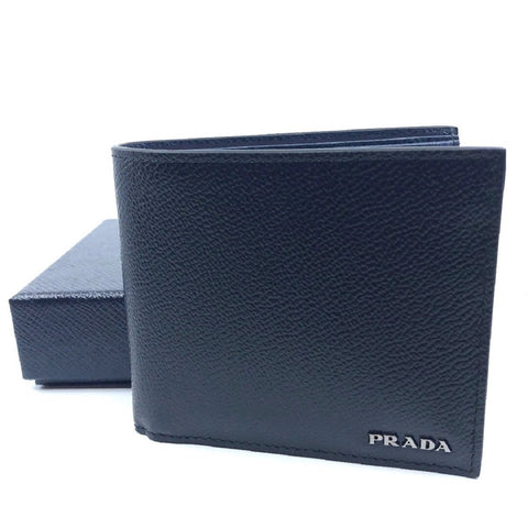 Prada Black Nero Baltico Blue Vitello Micro Grain Leather Bi Fold Wallet 2MO513 at_Queen_Bee_of_Beverly_Hills