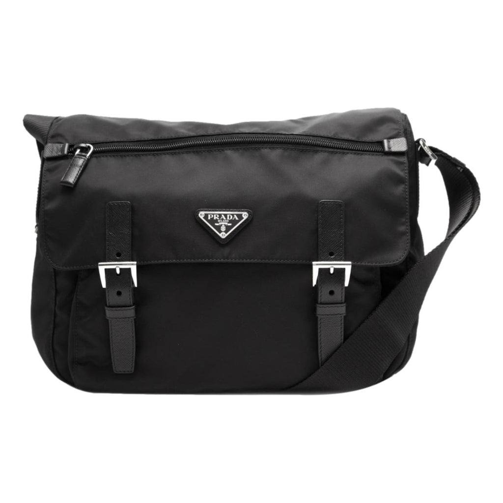 PRADA: Pocket shoulder bag in leather and nylon - Black
