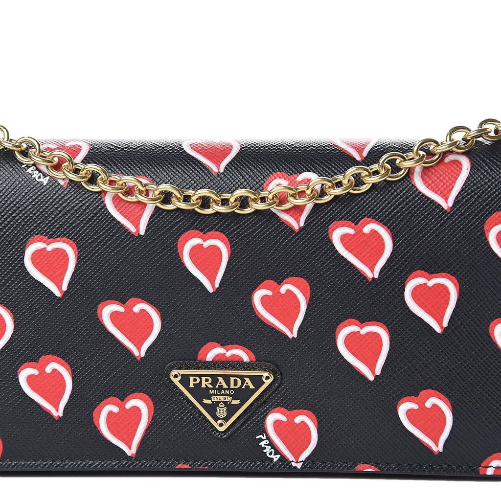 Prada Heart Print Saffiano Leather Mini-Bag- Black/Red 1DH044_ZNL/E F0YQX  8056158940226 - Handbags - Jomashop