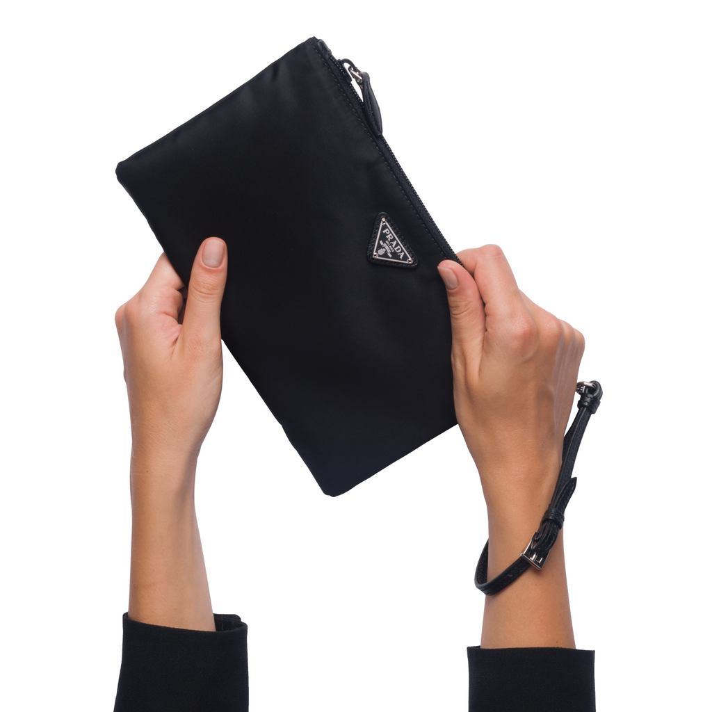 Prada Black Tessuto Nylon Pouch Case Clutch w Silver Prada Logo 1NH545,  Small