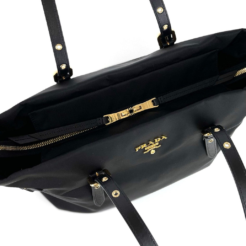 Prada Tessuto Nylon Saffiano Leather Black Top Zip Tote Bag