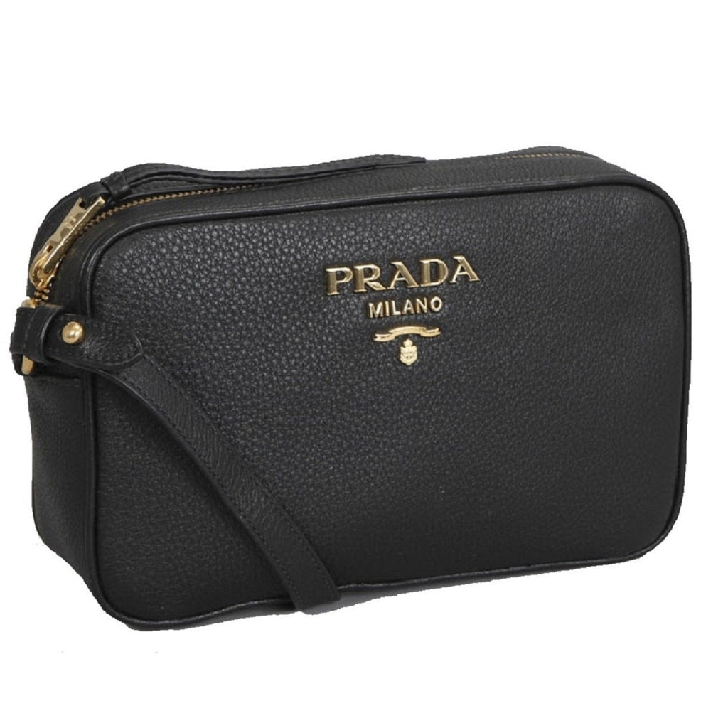 Prada Black Vitello Phenix Leather Shoulder Camera Bag 1BH103: Handbags