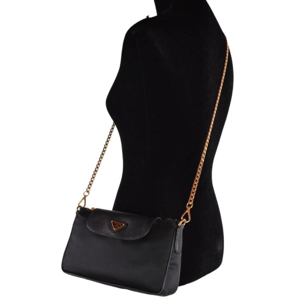 Prada Tessuto Nylon Saffiano Trim Chain Black Crossbody Handbag 1BH085
