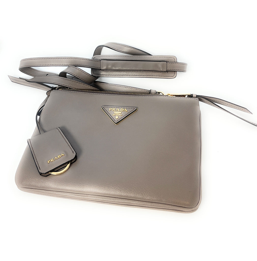 Prada Gray Vitello Phenix Bandoliera Triangle Logo Leather Crossbody 1 ...