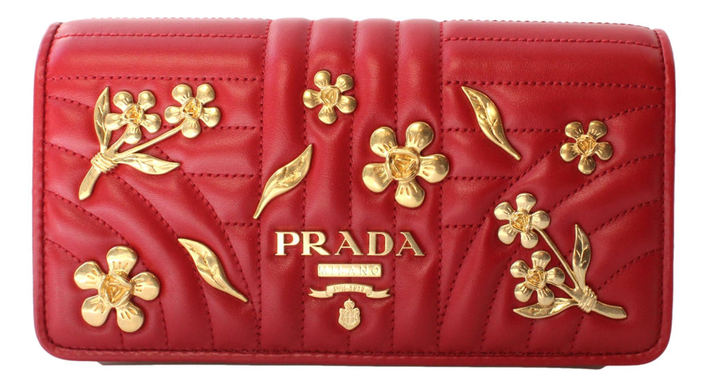 Prada Mini Wallet on Chain Red Leather Gold Flowers Cross Body 1DH044