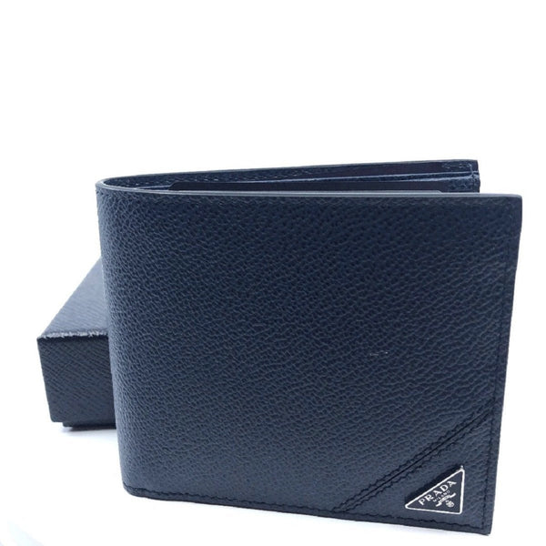 Prada Vitello Micro Grain Navy Blue Leather Triangle Logo Bifold Walle ...