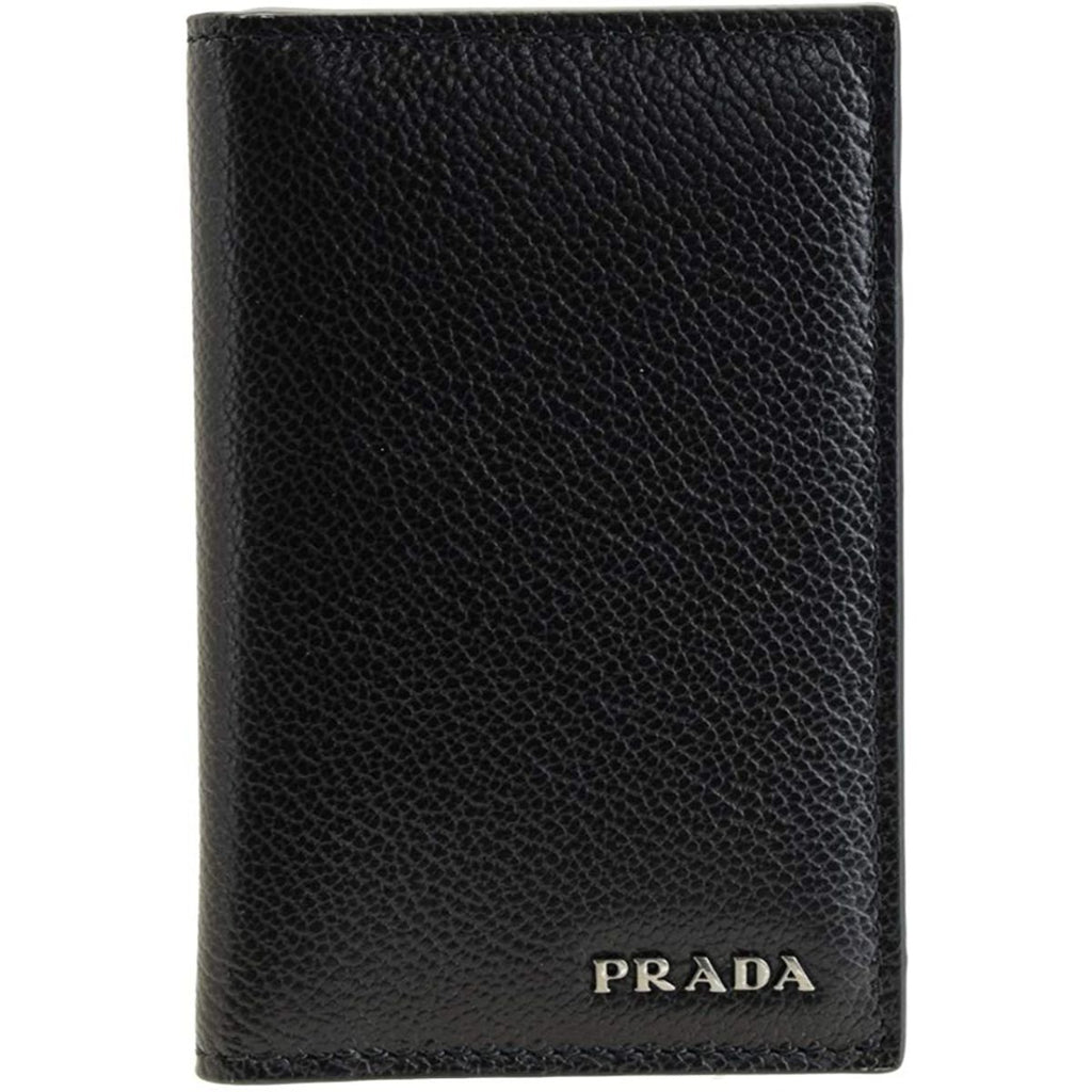 New Prada Black Navy Vitello Micro Grain Leather Bifold Wallet