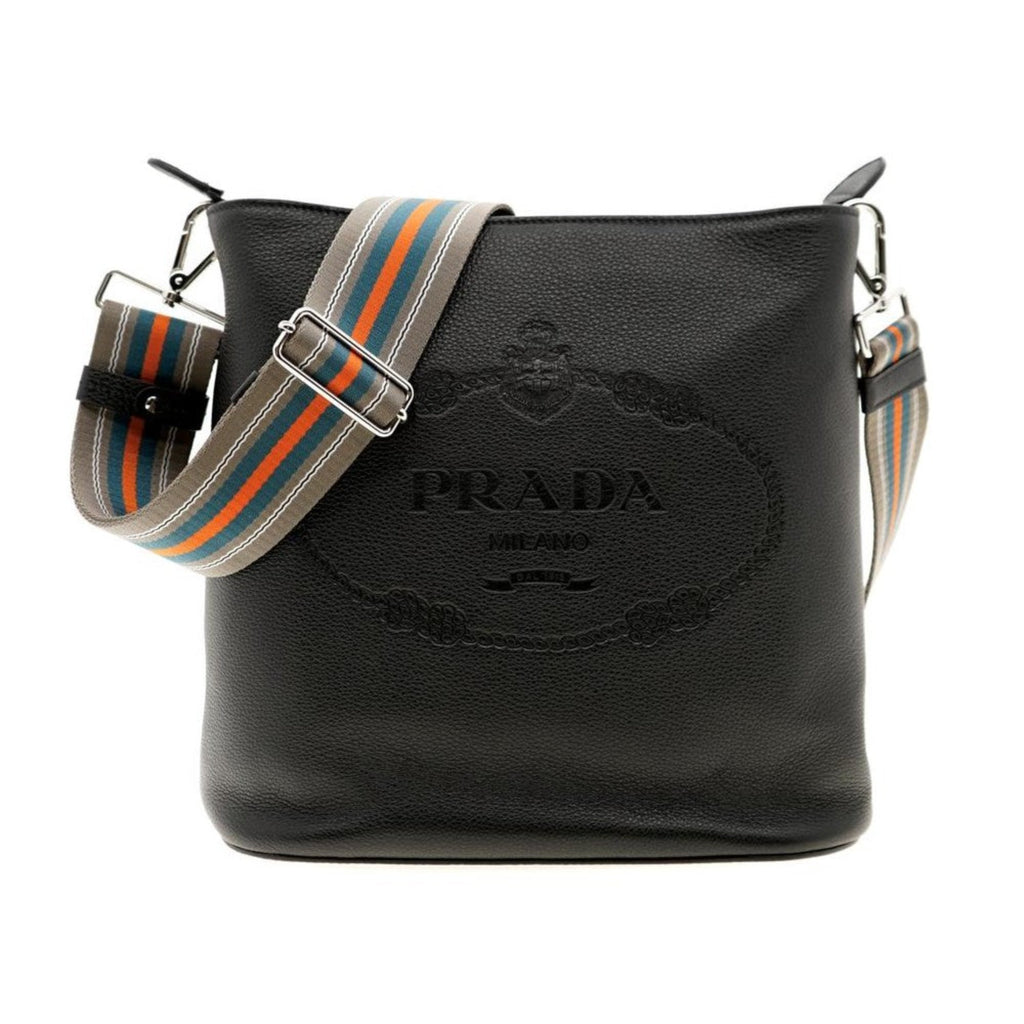 Prada Black Leather Vitello Phenix Web Stripe Strap Crossbody Bag Prada