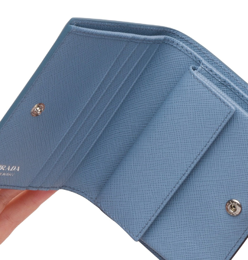 Prada Women's Astrale Blue Saffiano Leather Swallow Print Snap Bifold ...