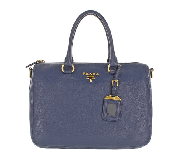 Prada Women's Leather Bauletto Navy Baltico Vitello Phenix Handbag 1BB ...