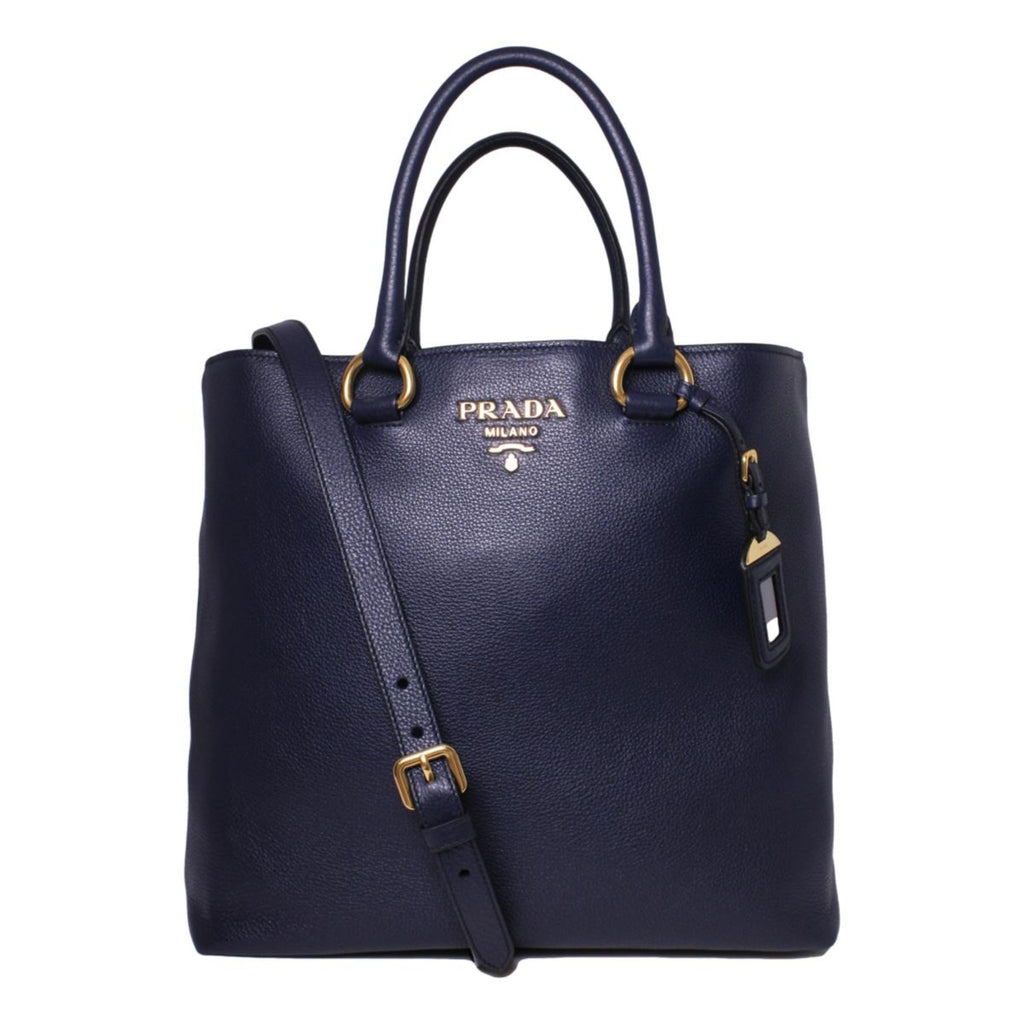 Prada Women's Navy Blue Vitello Phenix Leather Shopping Tote 1BG865