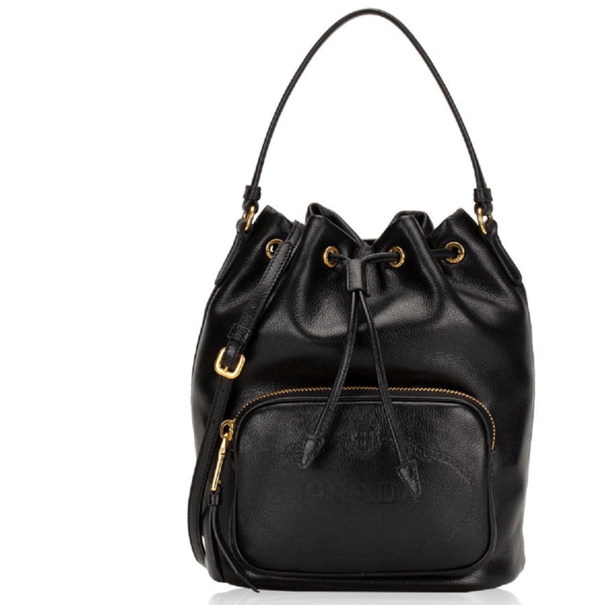 Prada Black Glace Calf Leather Logo Small Bucket Crossbody Bag – Queen ...