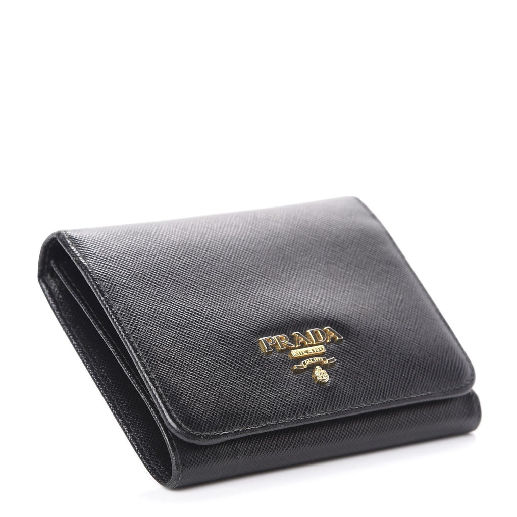 Black saffiano leather bi-fold wallet with studs