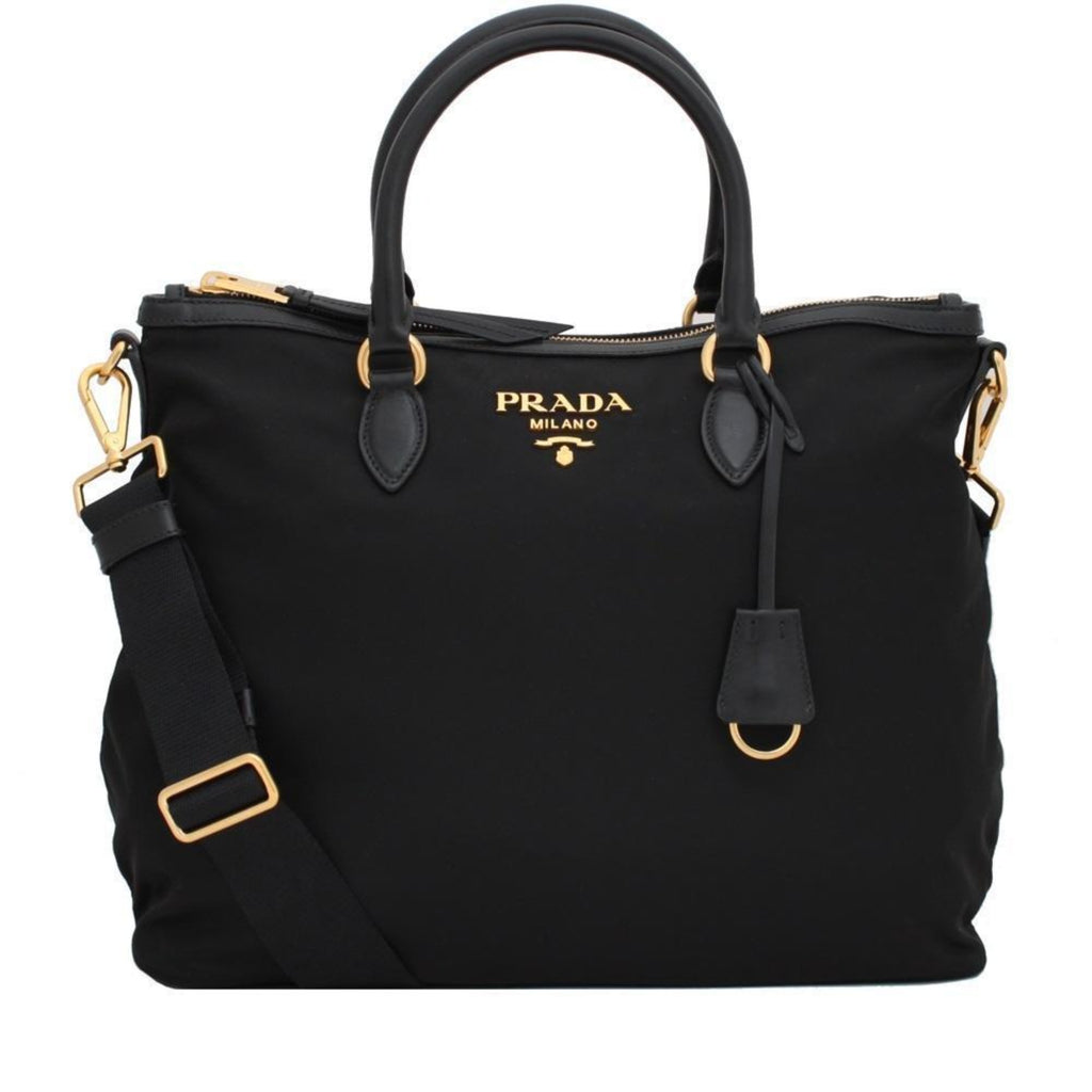 PRADA: Pocket shoulder bag in leather and nylon - Black