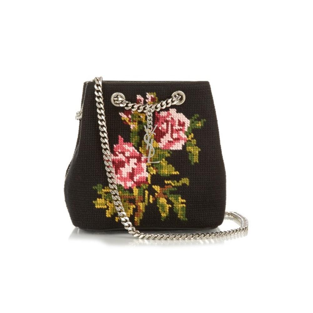 Saint Laurent Velvet Floral Embellished Bucket Shoulder Bag